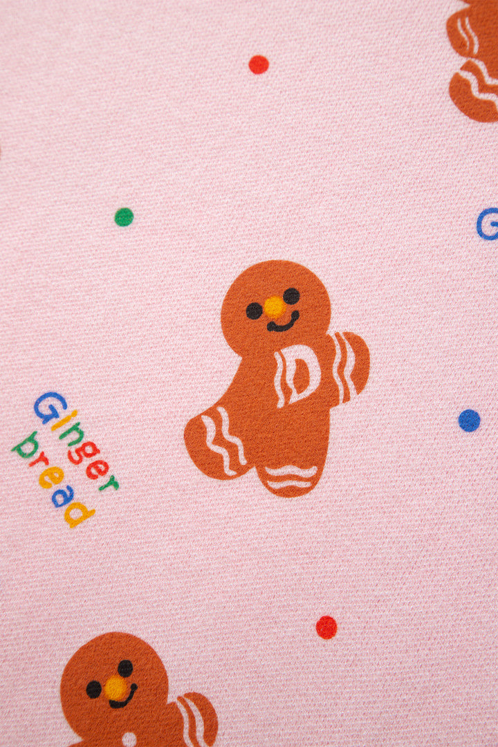 Pink Festive Gingerbread Pattern Long Sleeve Round Neck Sweater