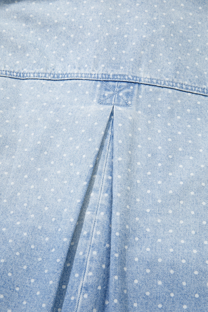 Sky Blue Polka Dot Long Sleeve Collar Pocket Casual Shift Silhouette Denim Jacket