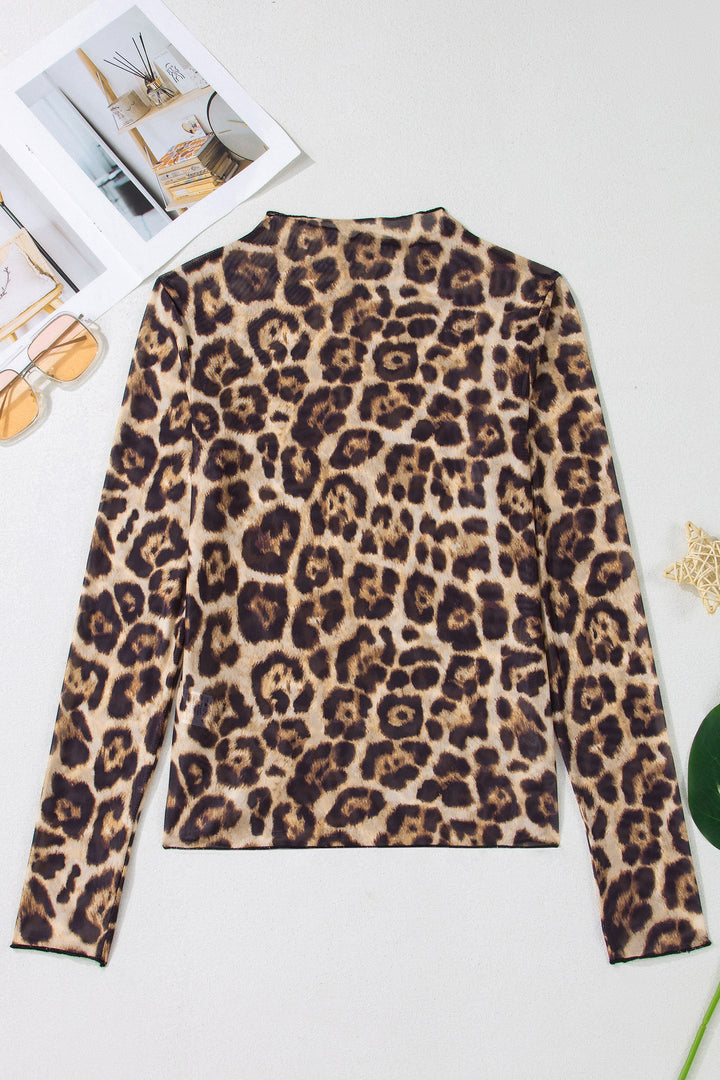 Camel Slim Fit Floral Mesh Long Sleeve Mock Neck Top