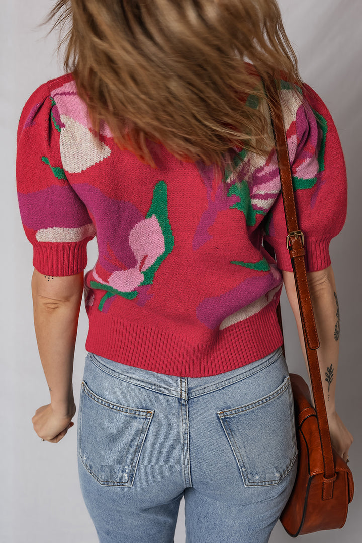 Red Floral Abstract Print Short Puff Sleeve Sweater