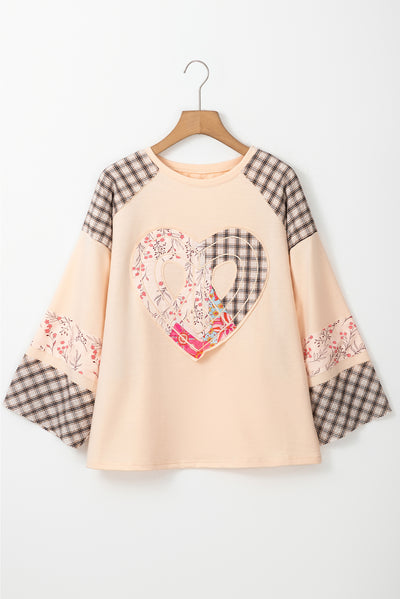 Beige Plaid Floral Peace Heart Graphic Wide Long Sleeve Top