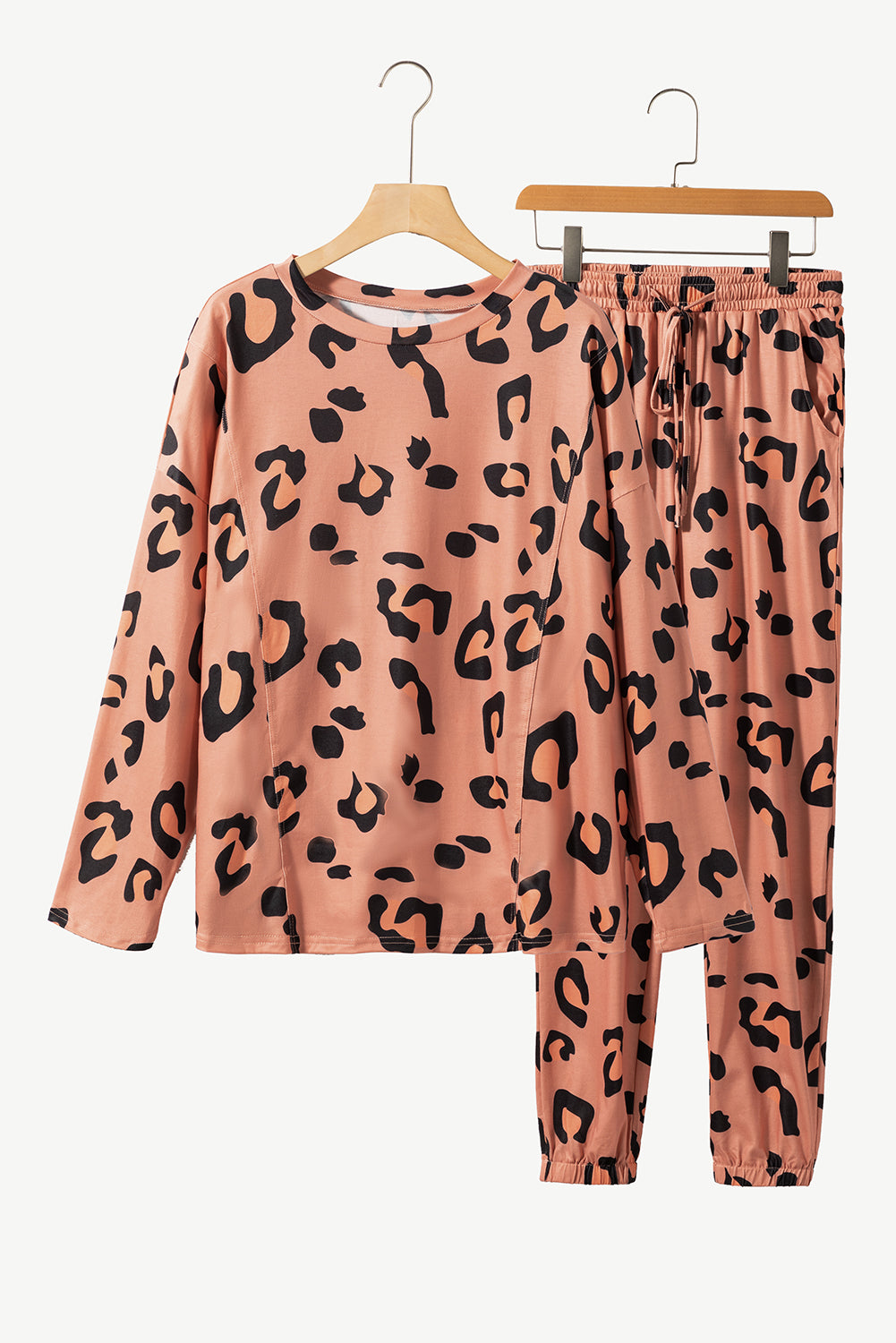 Pale Chestnut Leopard Long Sleeve Top and Drawstring Pants Set