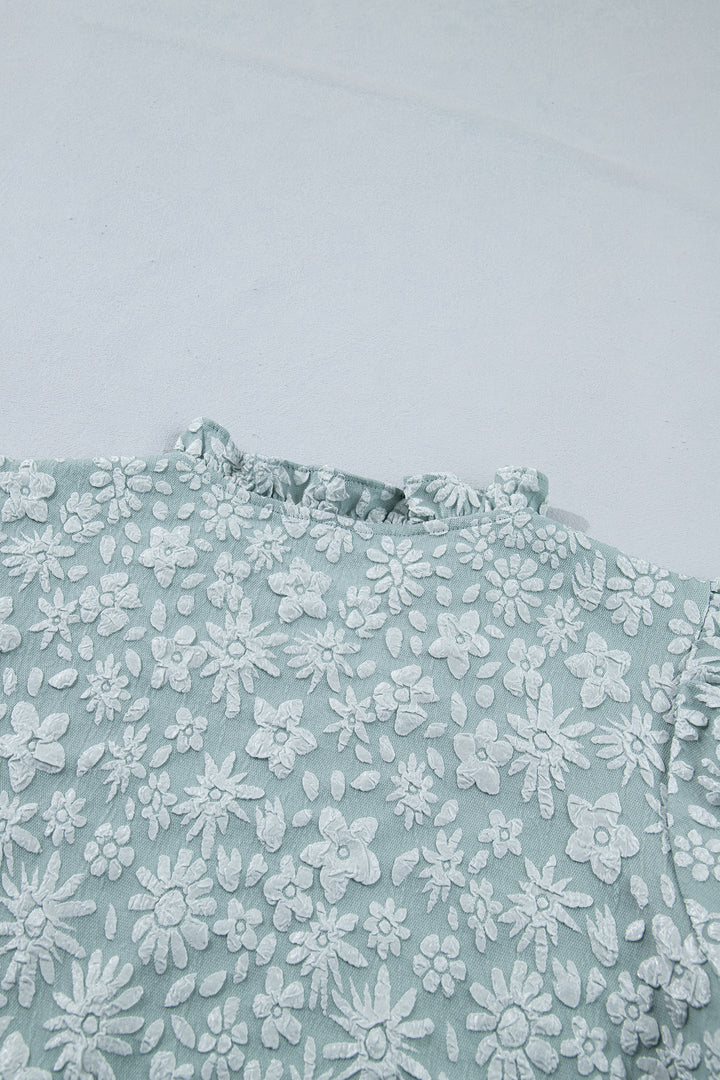 Iceland Blue Floral Textured Jacquard Puff Sleeve Blouse