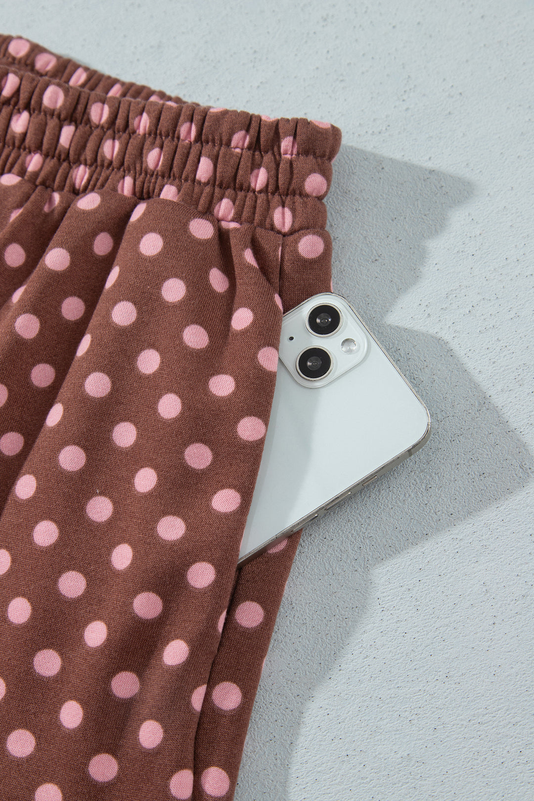 Brown Polka Dot Contrast Baggy Pullover and Elastic Waist Shorts 2pcs Set