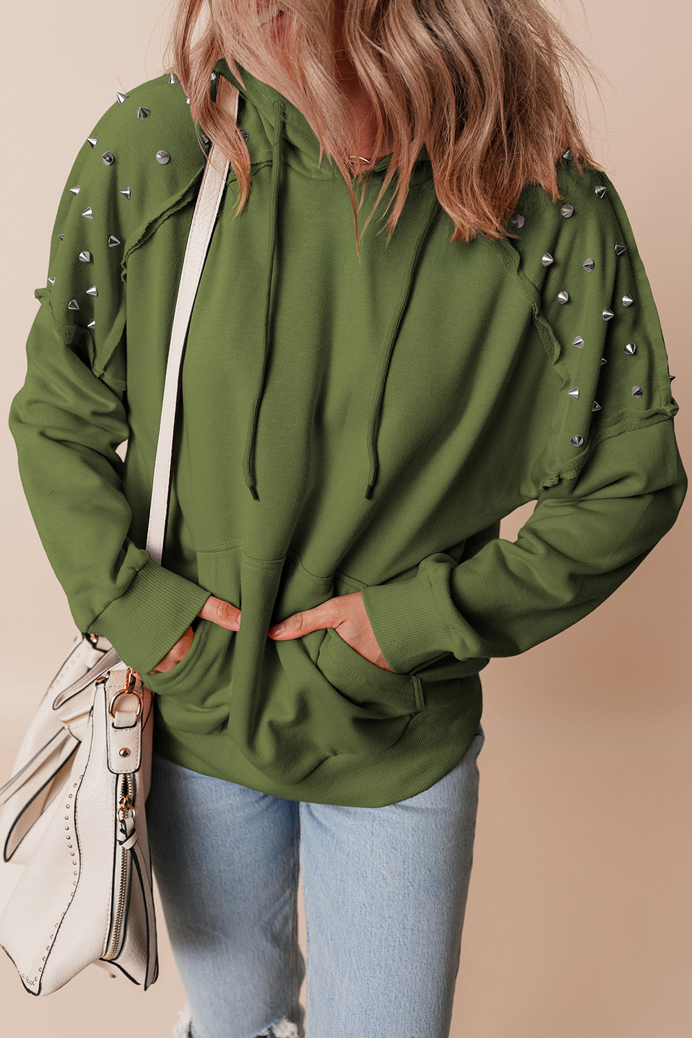 Vineyard Green Solid Color Rivet Stud Raglan Sleeve Hoodie with Pocket