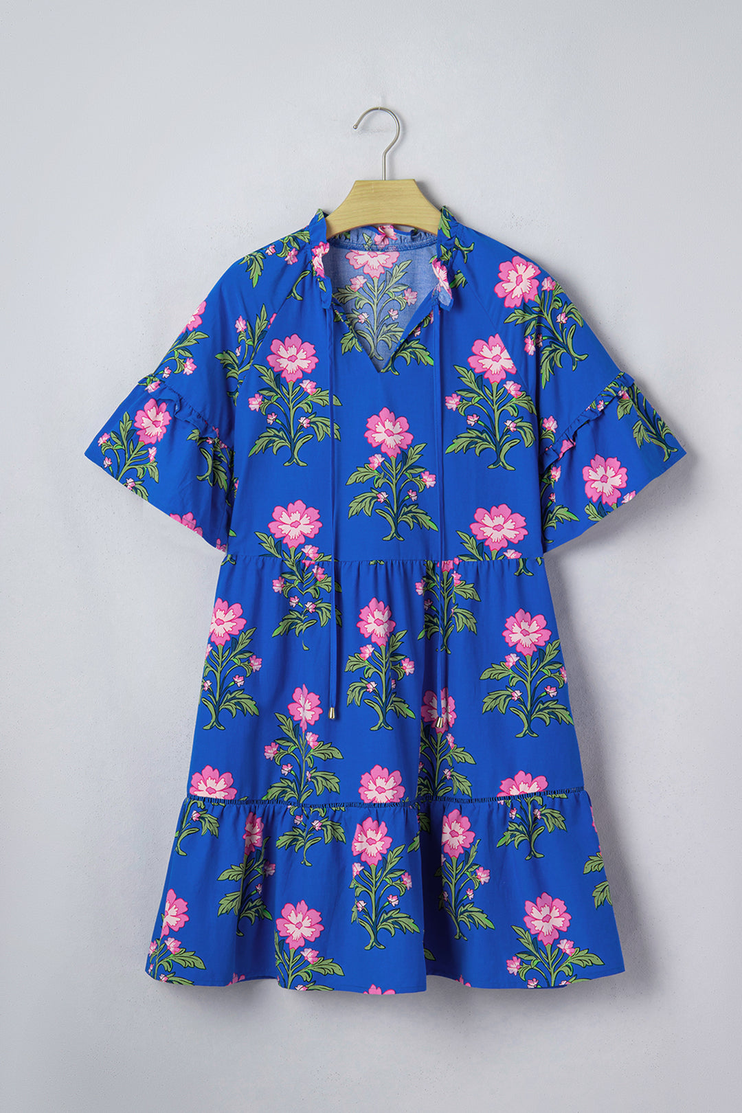 Blue V Neck Short Sleeve Loose Flower Dress