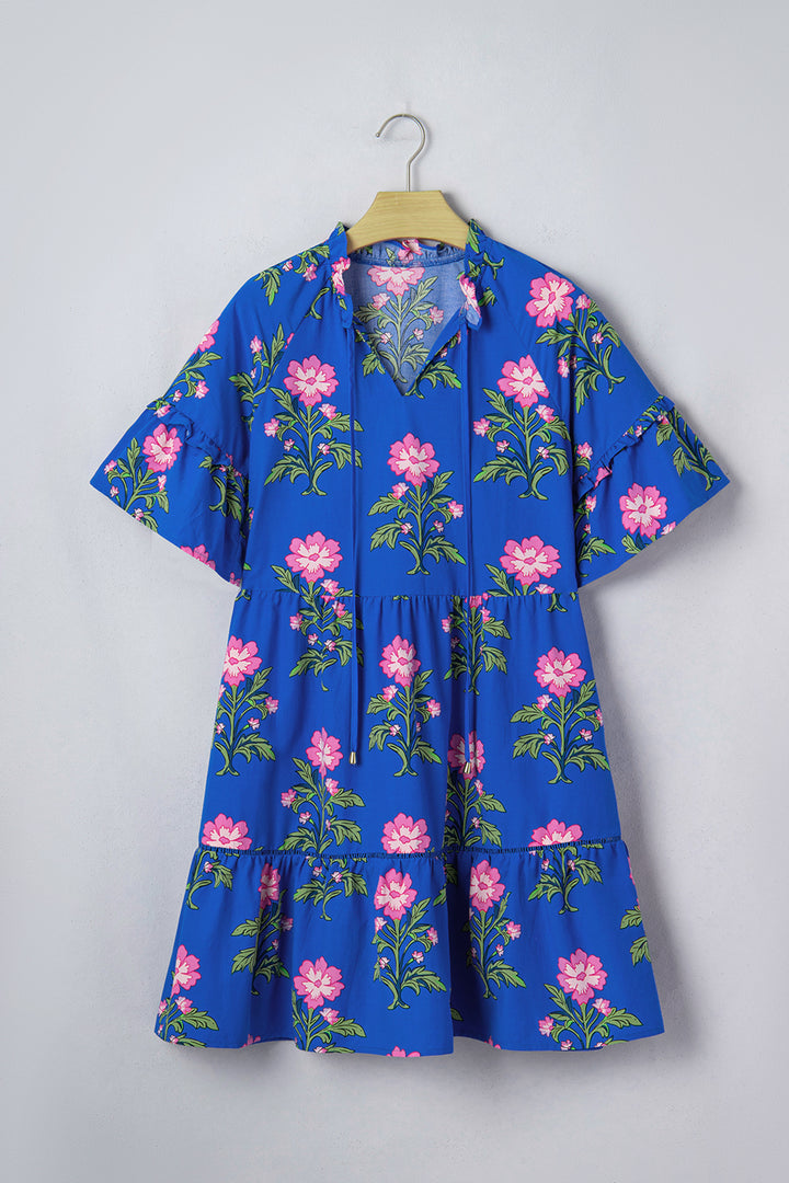 Blue V Neck Short Sleeve Loose Flower Dress