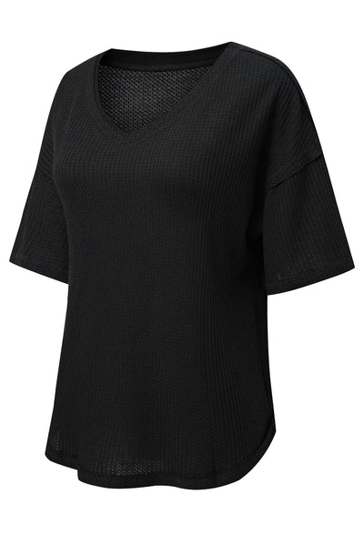 Black Waffle Knit Drop Shoulder Loose Top