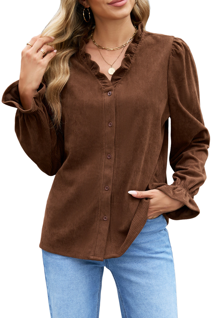 Coffee Solid Color Ruffle Trim V Neck Long Sleeve Button Corduroy Shakcet