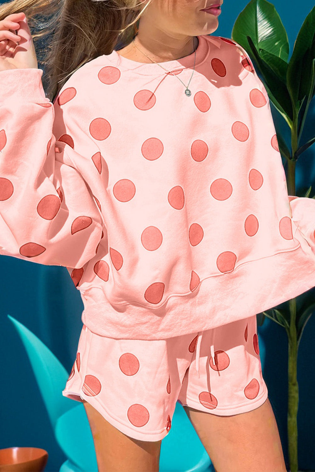 Sky Blue Polka Dot Print Drop Shoulder Pullover Drawstring Shorts Set