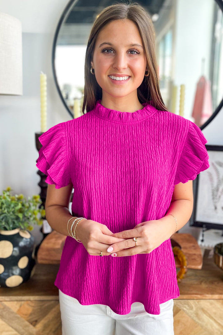 Rose Red Solid Color Textured Ruffle Trim Short Sleeve Blouse