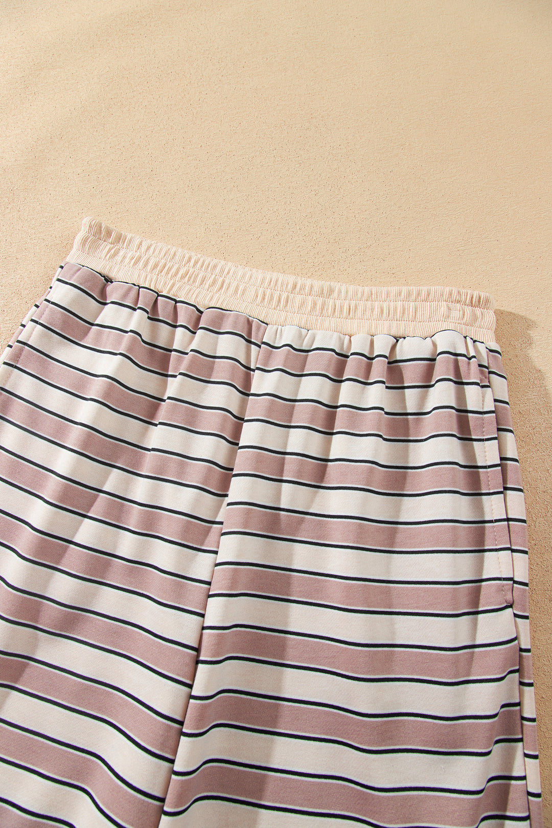 Khaki Stripe Contrast Trim Long Sleeve Top Elastic Waist Pants Set
