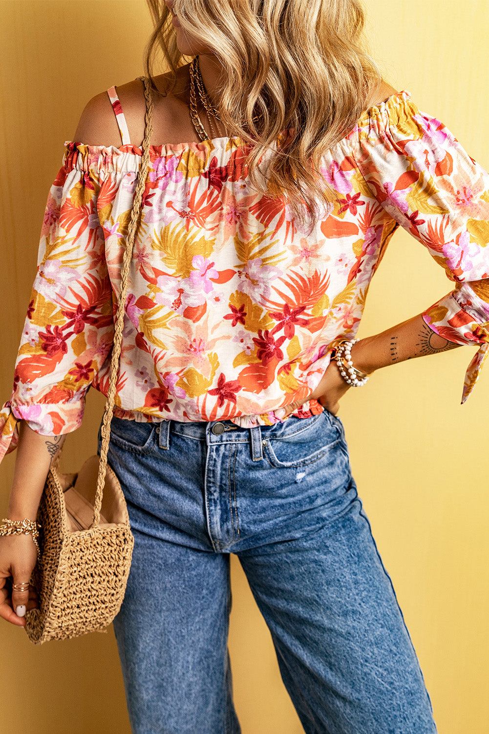 Multicolor Floral Print Shirred Knotted Off Shoulder Blouse