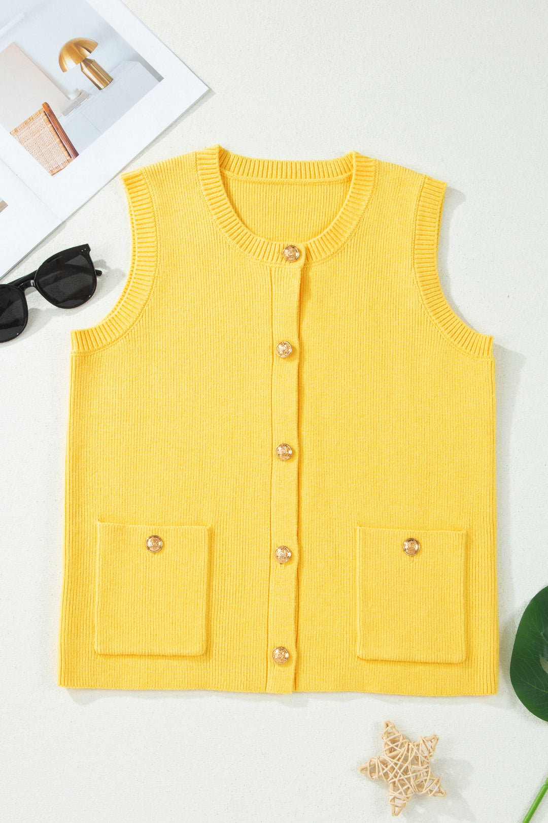 White Solid Color Sleeveless Knit Button Pocketed Sweater