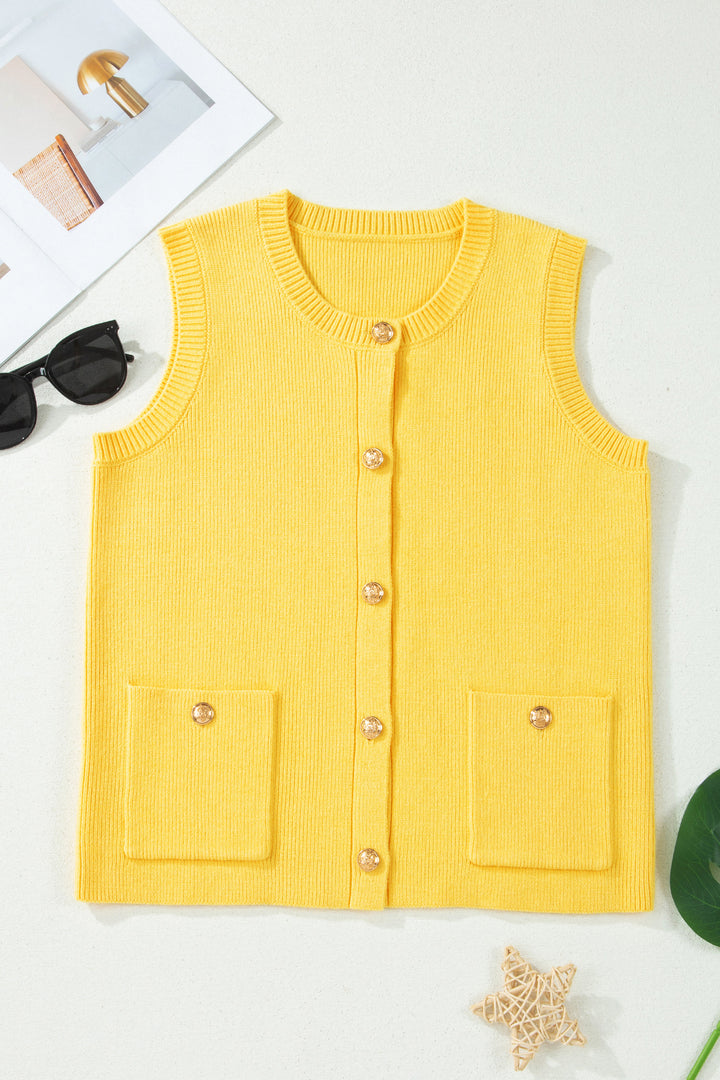 White Solid Color Sleeveless Knit Button Pocketed Sweater