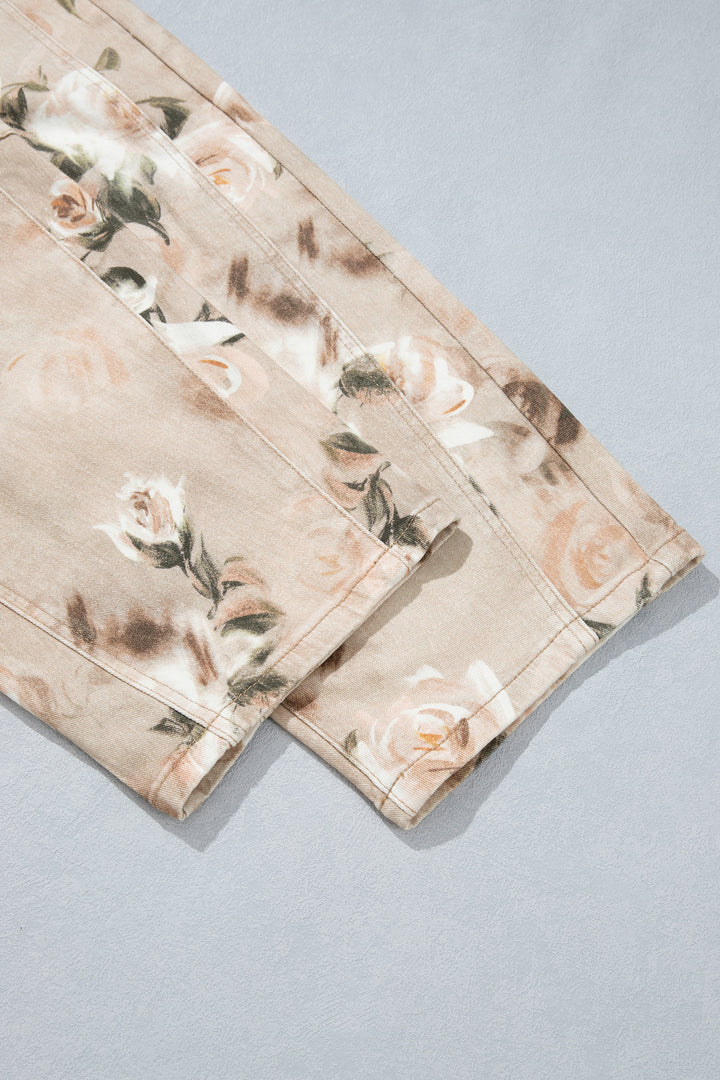Khaki Retro Floral Print Relaxed Barrel Jeans