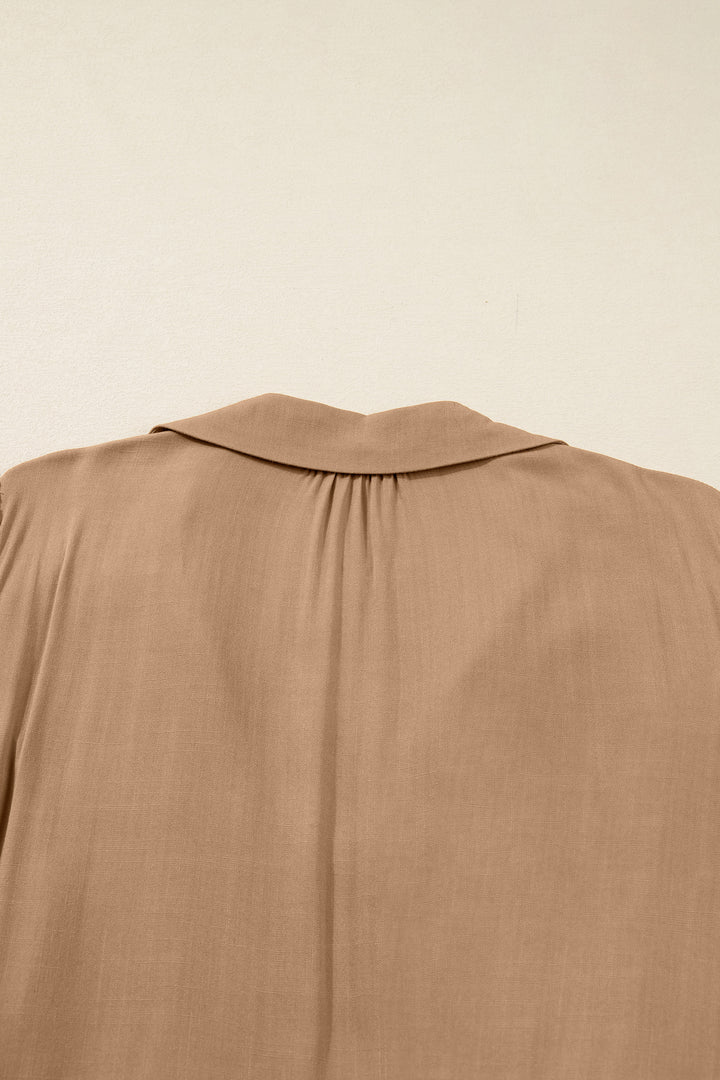 Chestnut Smocked V Neckline Leopard Piping Accent Bracelet Plus Size Long Dress