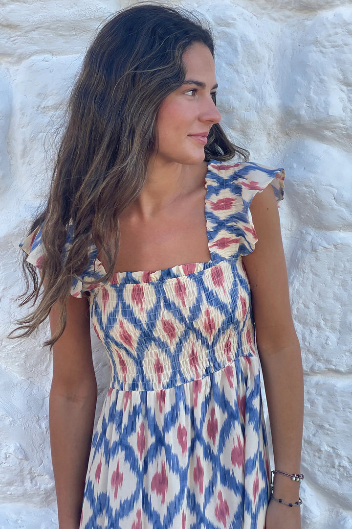 Sky Blue Ethnic Geometric Print Square Neck Smocked High Waist Ruffle Sleeve Dress