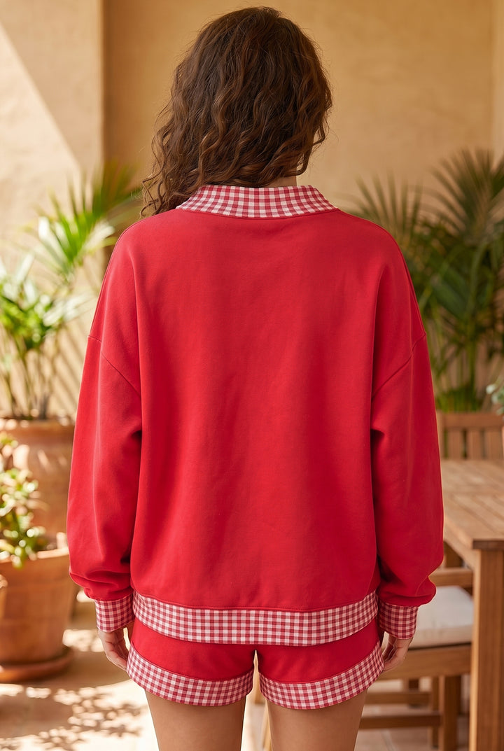 Carrot Gingham Trim Baggy Pullover 2pcs Short Set