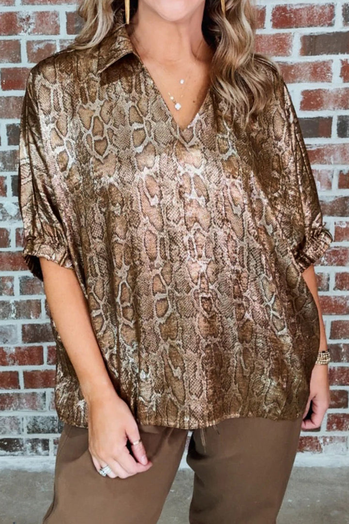 Brown Polo Collared V Neck Short Sleeve Metallic Leopard Blouse
