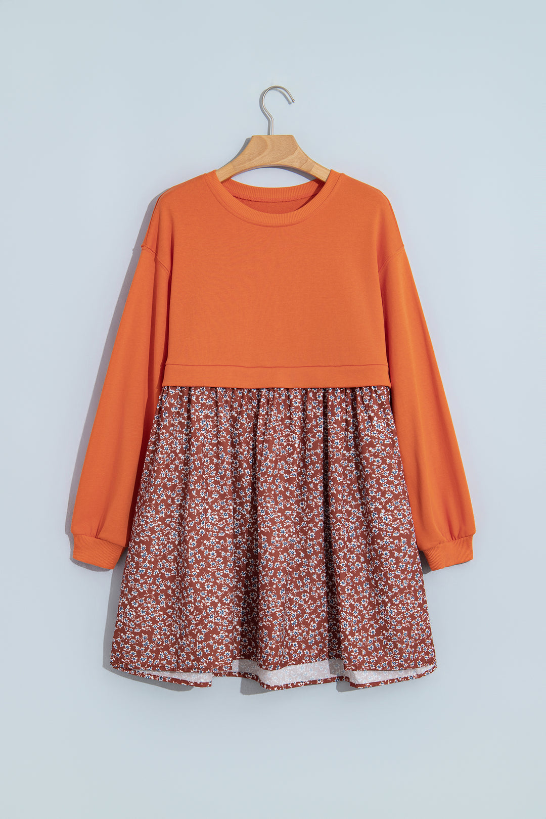 Orange Solid Long Sleeve Top Patchwork Floral Flared 2-in-1 Mini Dress