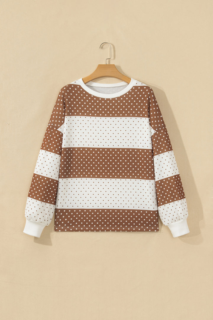 Blue Polka Dot Patchwork Colorblock Long Sleeve Top