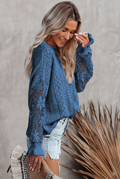 Blue Crochet Lace Pointelle Knit Sweater