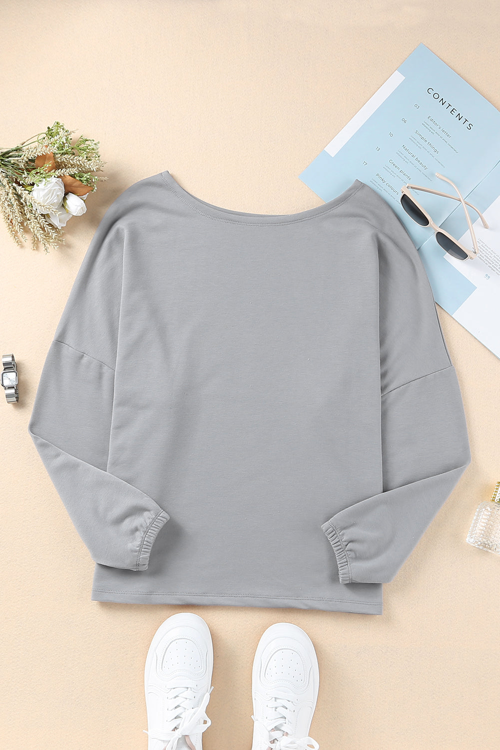 Gray Loose Fit Wide Neck Batwing Sleeves Top