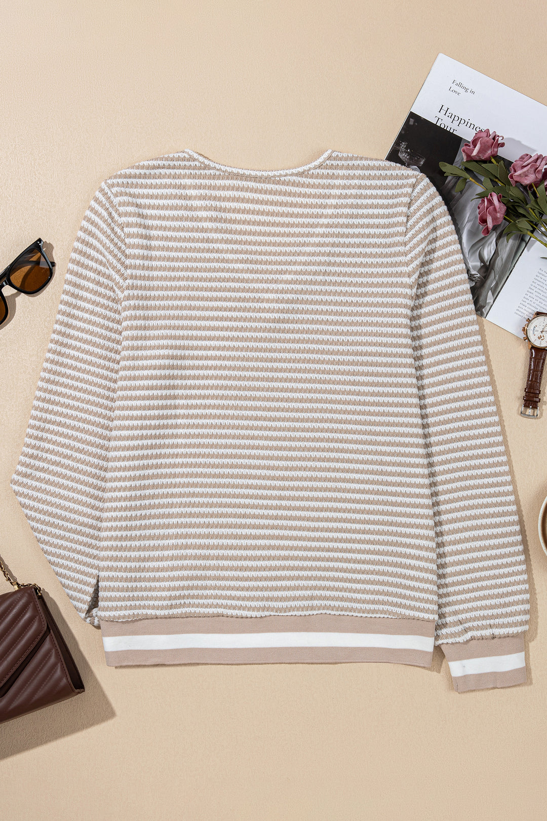 Beige Striped Textured Knit V Neck Casual Top