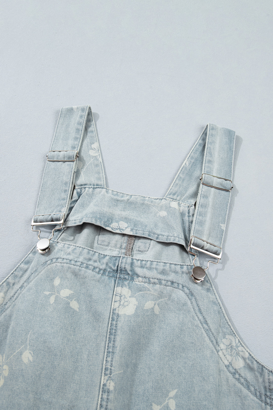 Sky Blue Retro Wash Denim Floral Print Overall Mini Dress
