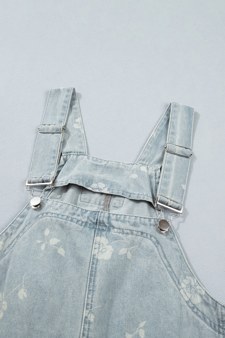 Sky Blue Retro Wash Denim Floral Print Overall Mini Dress