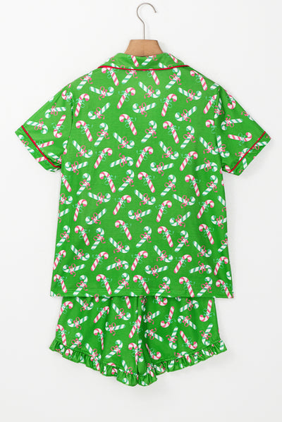 Green Christmas Candy Cane Print Pocketed Knotted Pajama Set