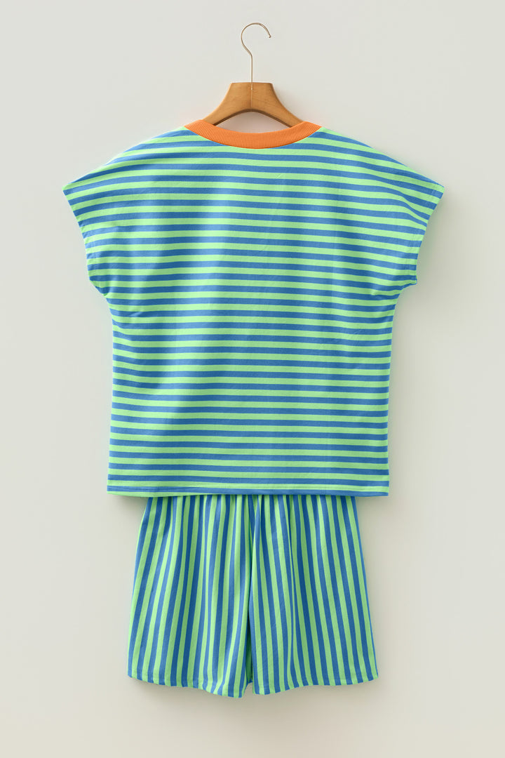 Yellow Stripe Colorblock Trim V Neck Tee Drawstring Elastic Waist Short Set