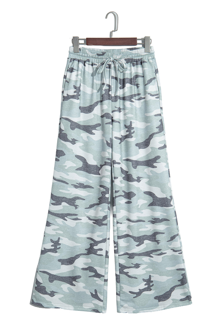 Green Camo Wide Leg Tie Elastic Waist Casual Pants