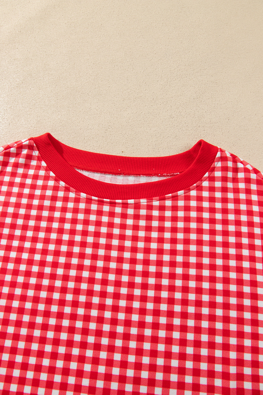 Red Gingham Oversized Ribbed Trim Crew Neck Long Sleeve Top and Skort Set