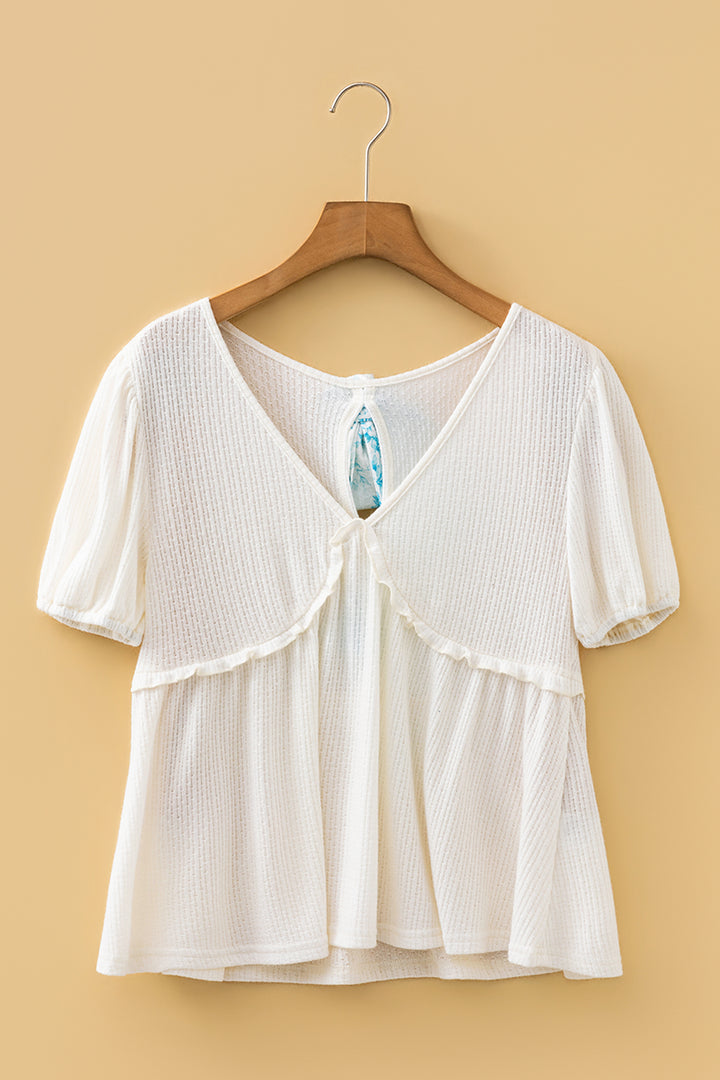 White Textured Knit V Neck Short Bubble Sleeve Peplum Top