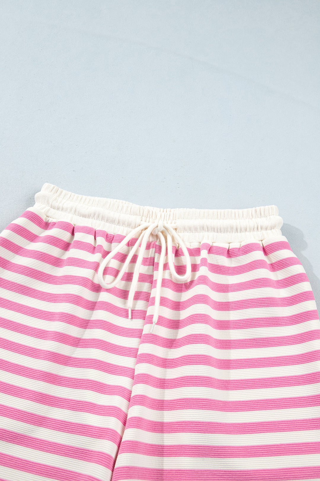 Pink Striped Long Sleeve Crew Neck Drawstring Waist Shorts Set