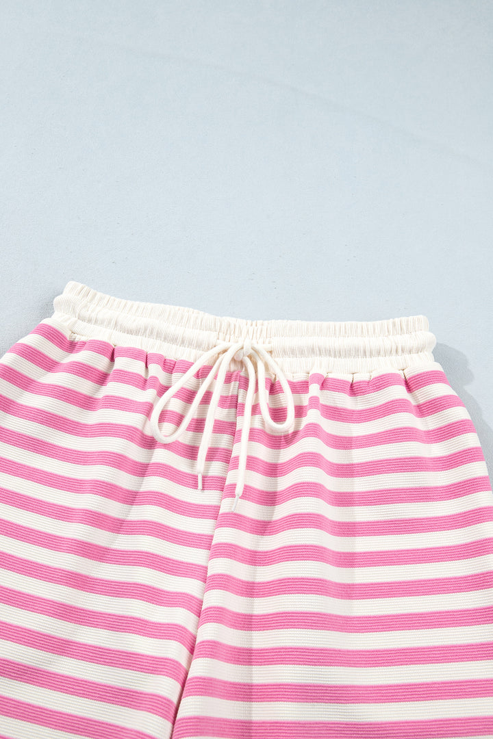 Pink Striped Long Sleeve Crew Neck Drawstring Waist Shorts Set