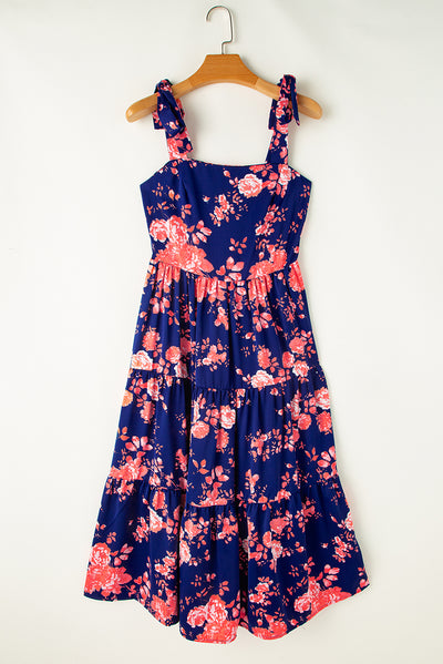 Blue Tie Shoulder Straps Tiered Floral Dress