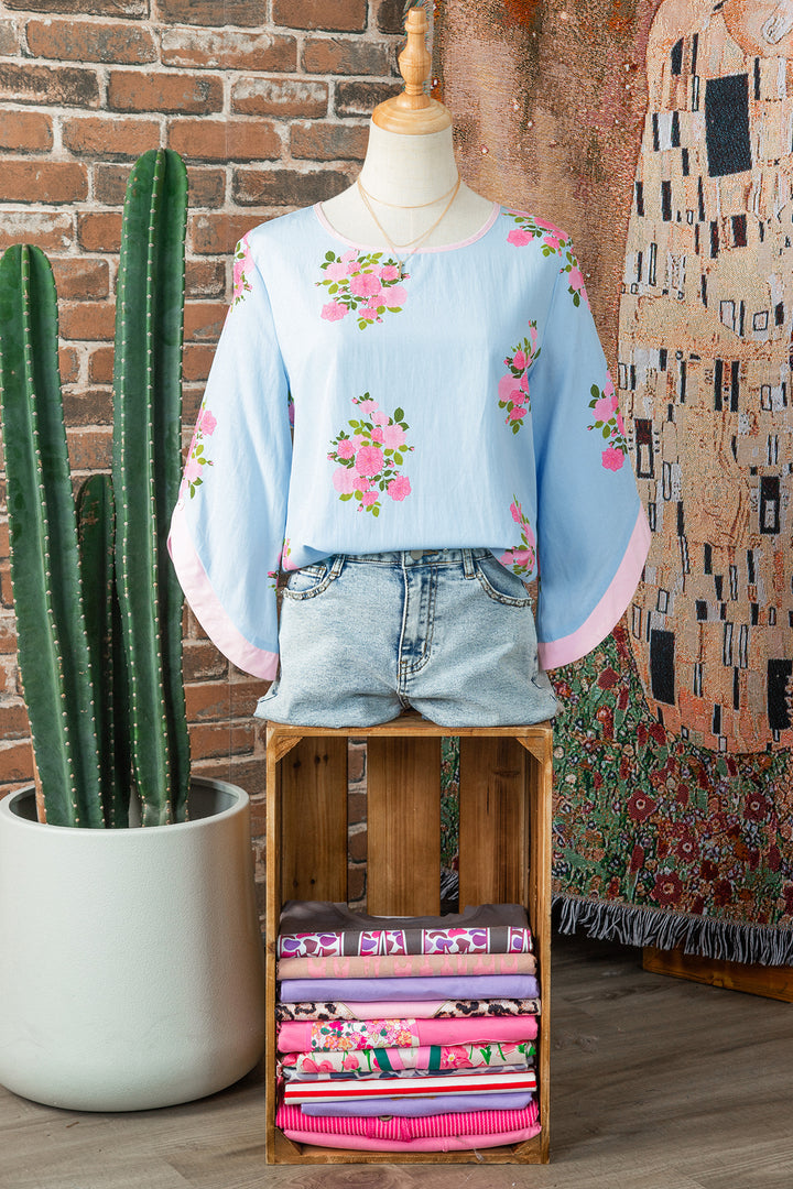 Sky Blue Floral Print Button Cuffed 3/4 Sleeve Round Neck Blouse