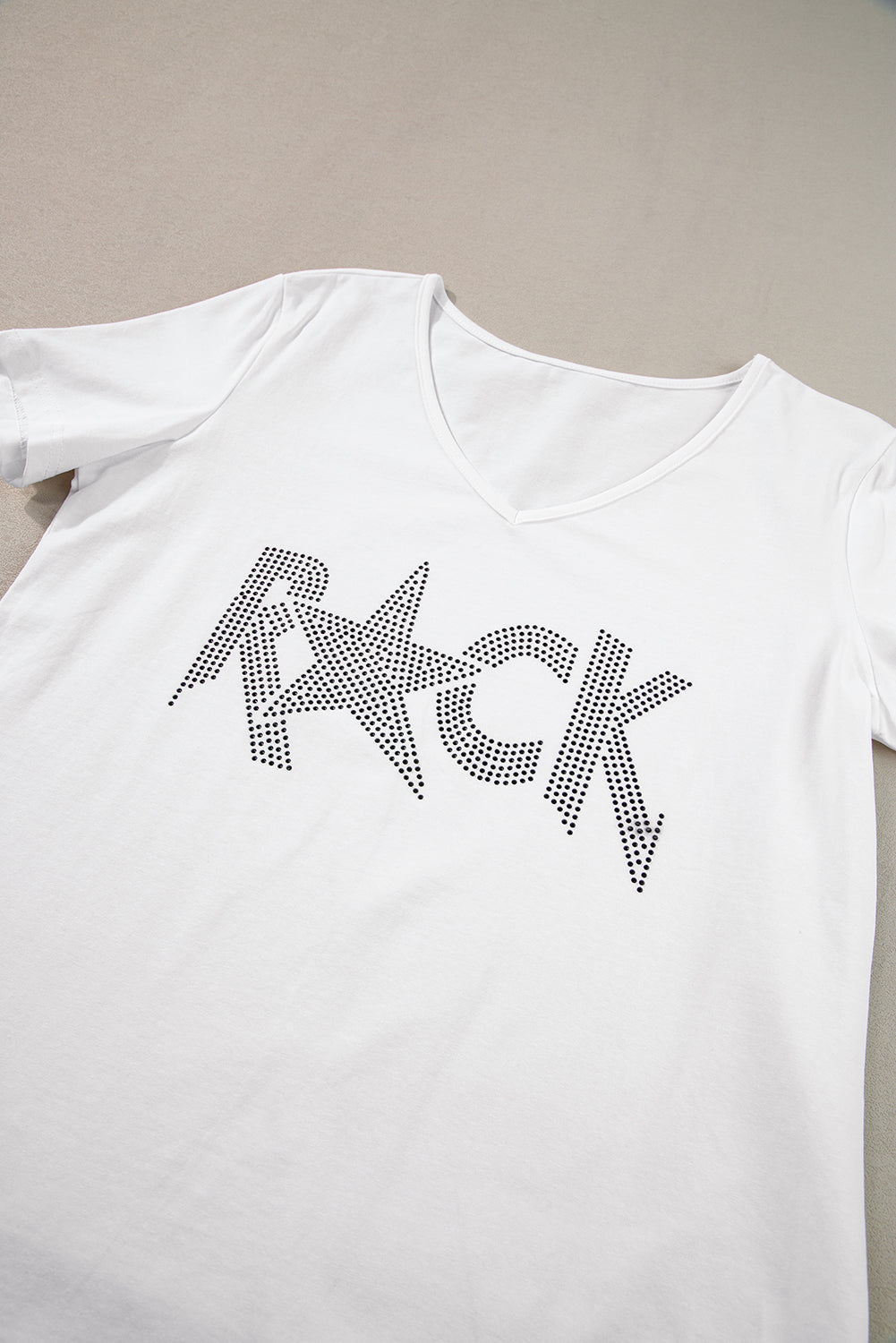 White Rhinestoned ROCK Star Graphic V Neck T Shirt