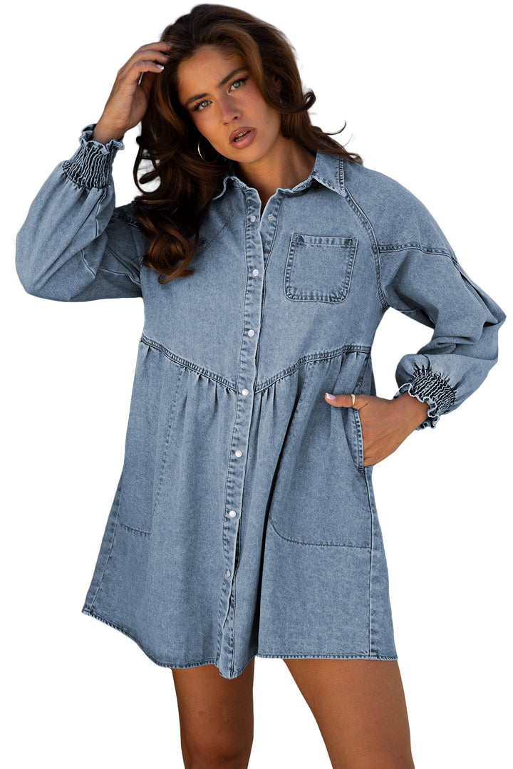 Beau Blue Smocked Cuffs Flared Denim Shirt Mini Dress