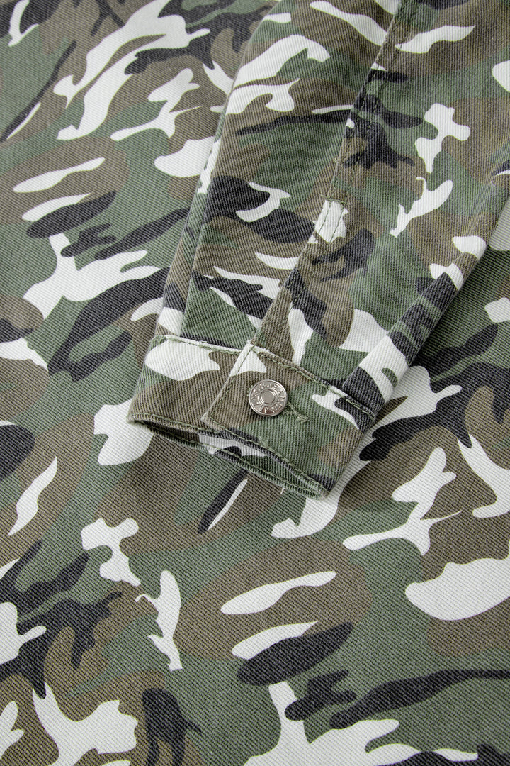 Green Camo Chest Pockets Loose Jean Jacket