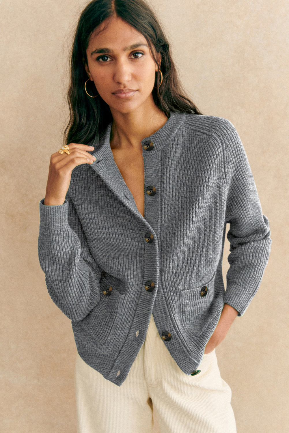 Medium Grey Chunky Buttoned Front Round Neck Cardigan Sweater