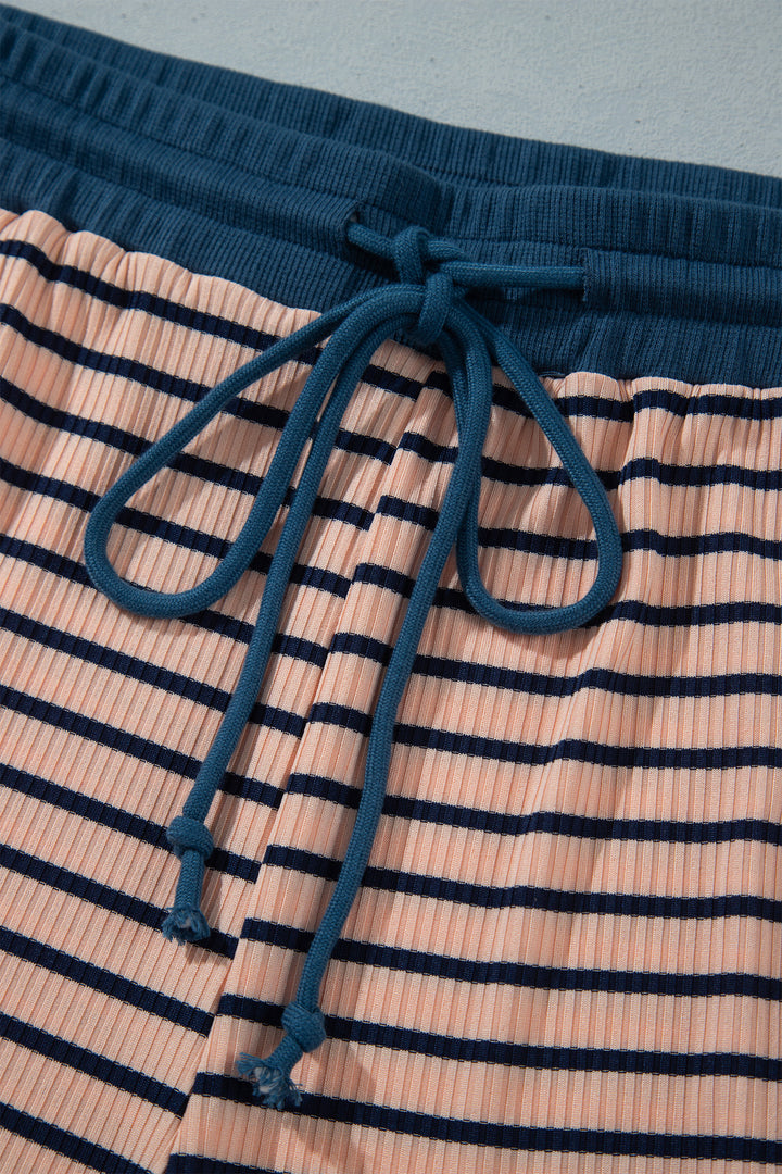Pink Stripe Striped Colorblock V Neck Long Sleeve Plus Size Set