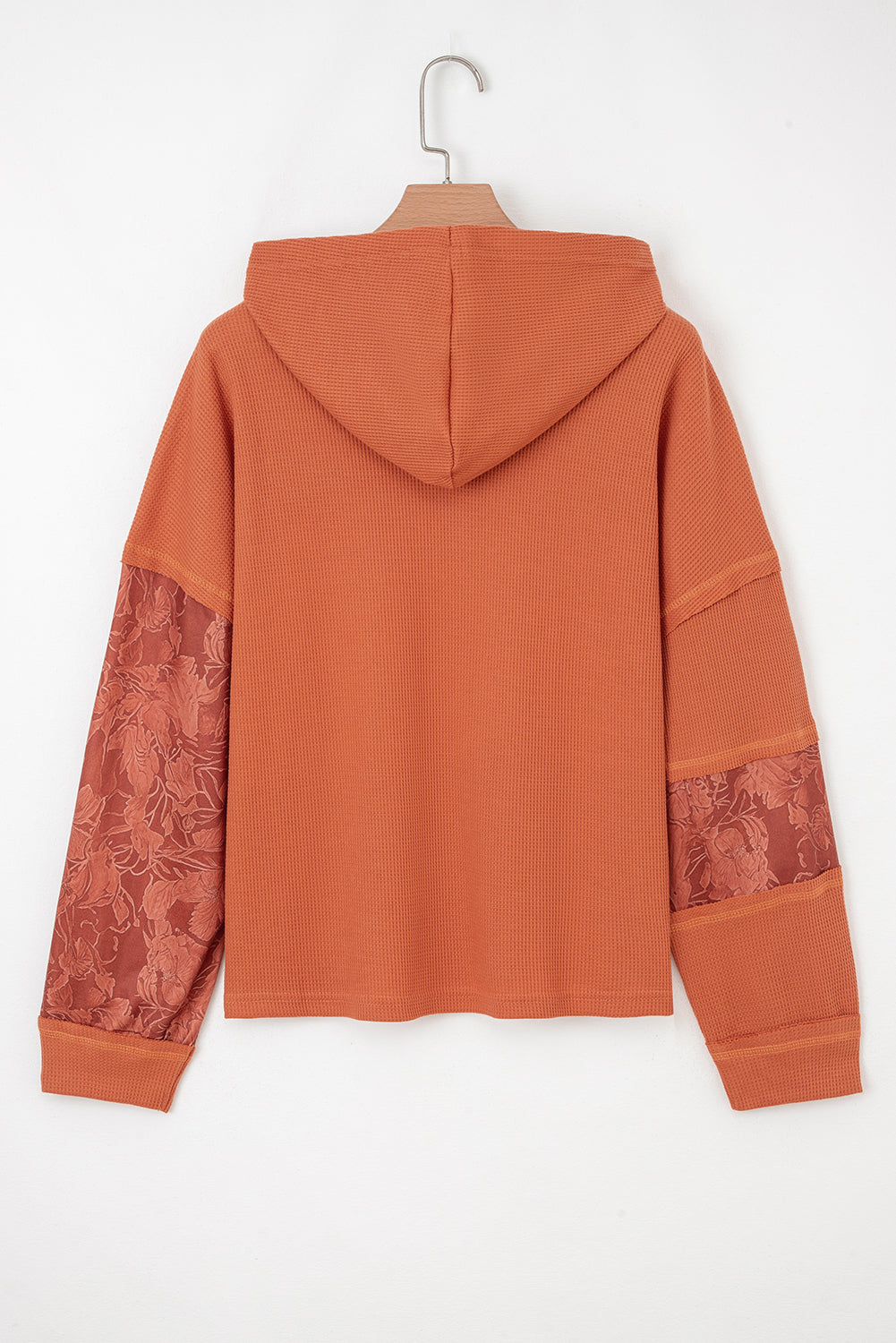 Cinnamon Waffle Printed Patchwork Drawstring Hooded Long Sleeve Top