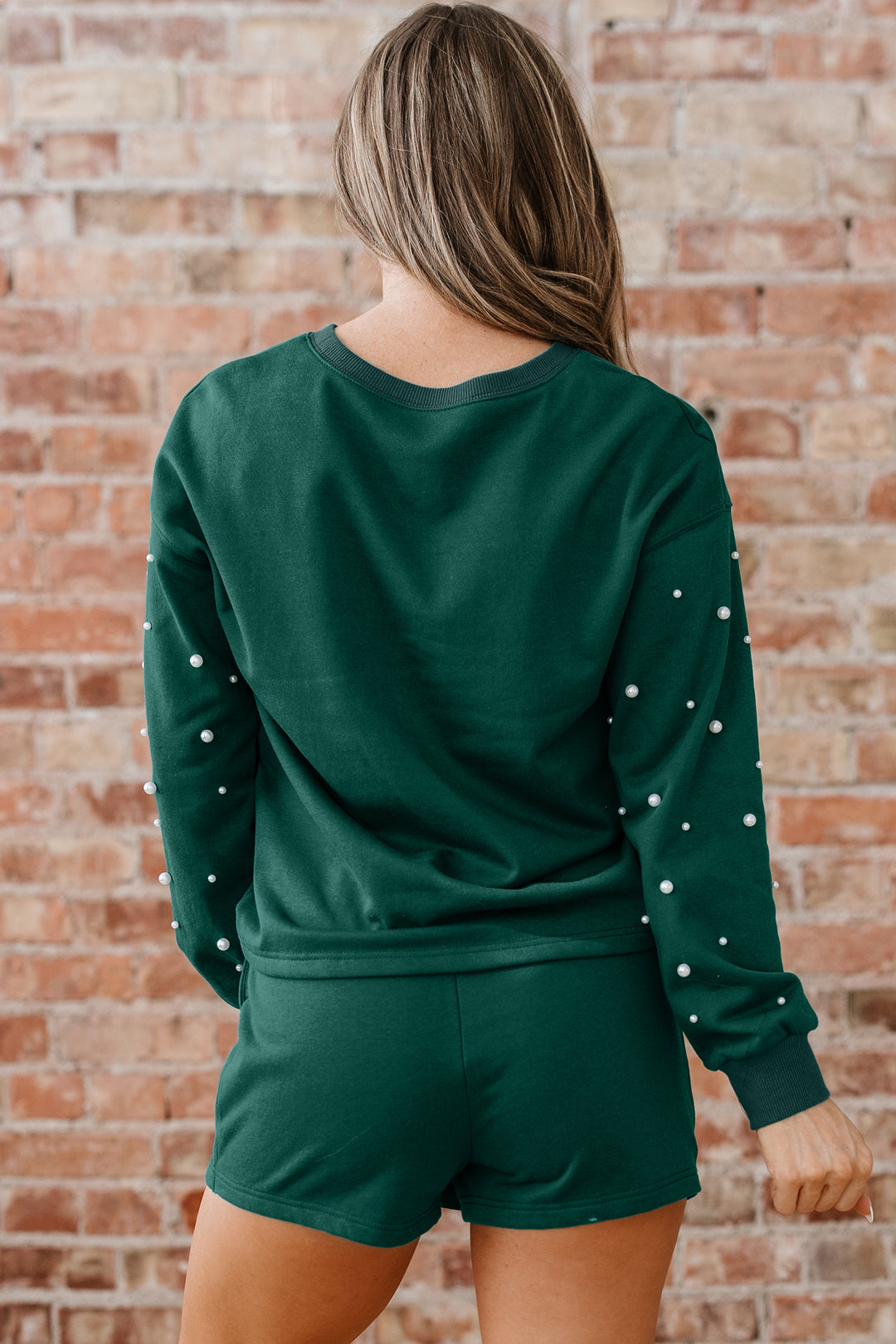 Dark Green Pearl Embellished Drop Shoulder Pullover Elastic Waist Mini Skirt Set