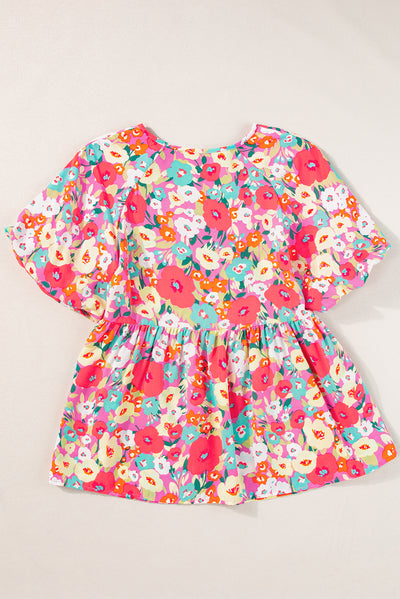 Multicolour Boho Floral Short Puff Sleeve Babydoll Blouse