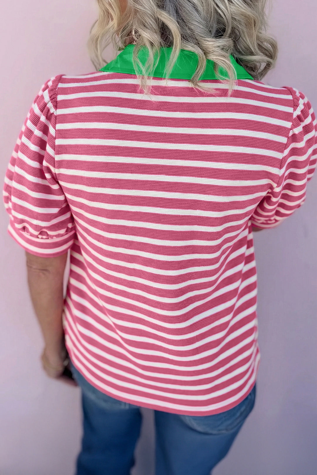 Blue Stripe Short Puff Sleeve Color Block Polo Collar Blouse