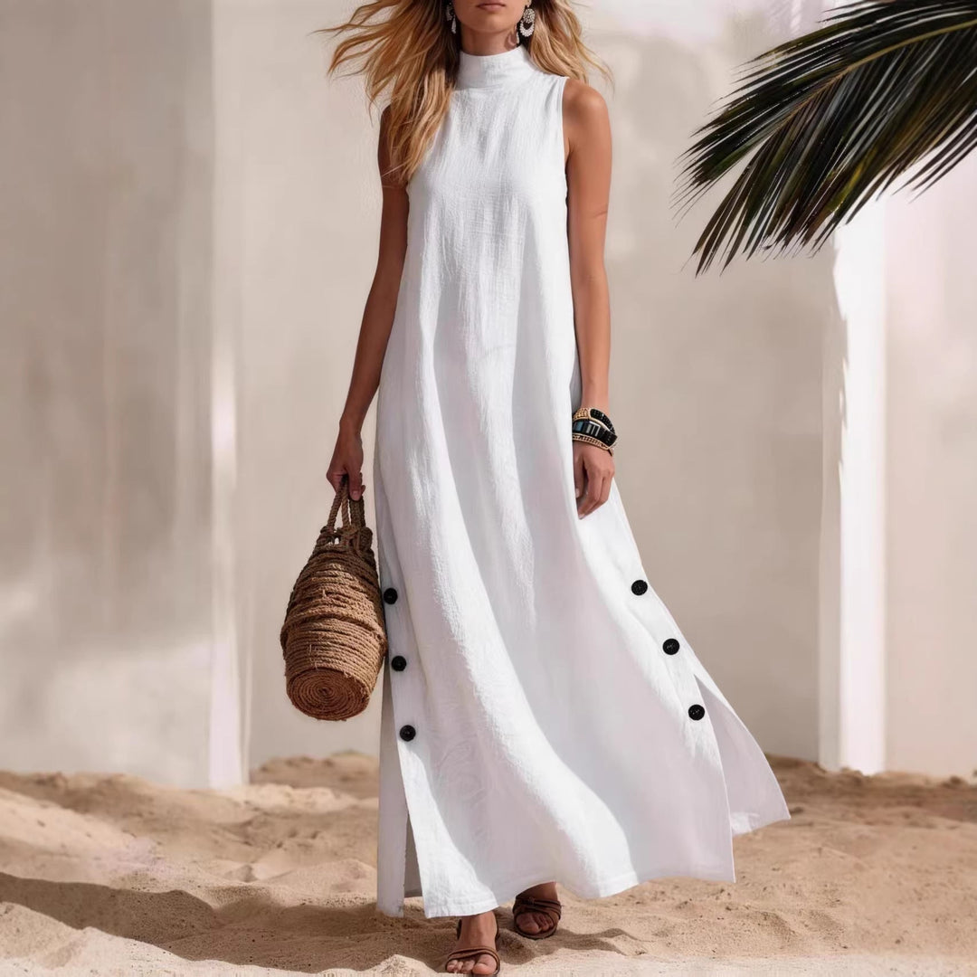 Cotton Linen Sleeveless Midi Dress – Side Slits &amp; Loose Fit
